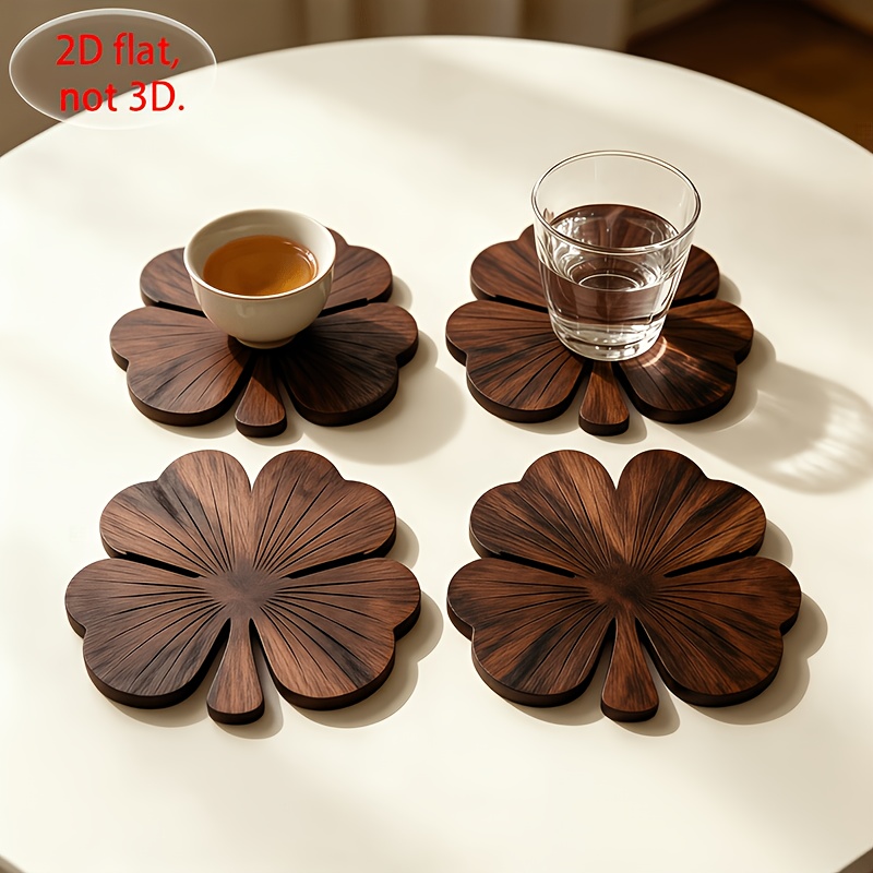 2D 평면 클로버 모양 나무 컵받침 4개 세트, 월넛  - Coffee Tea And Sugar Set 리뷰 및 가격